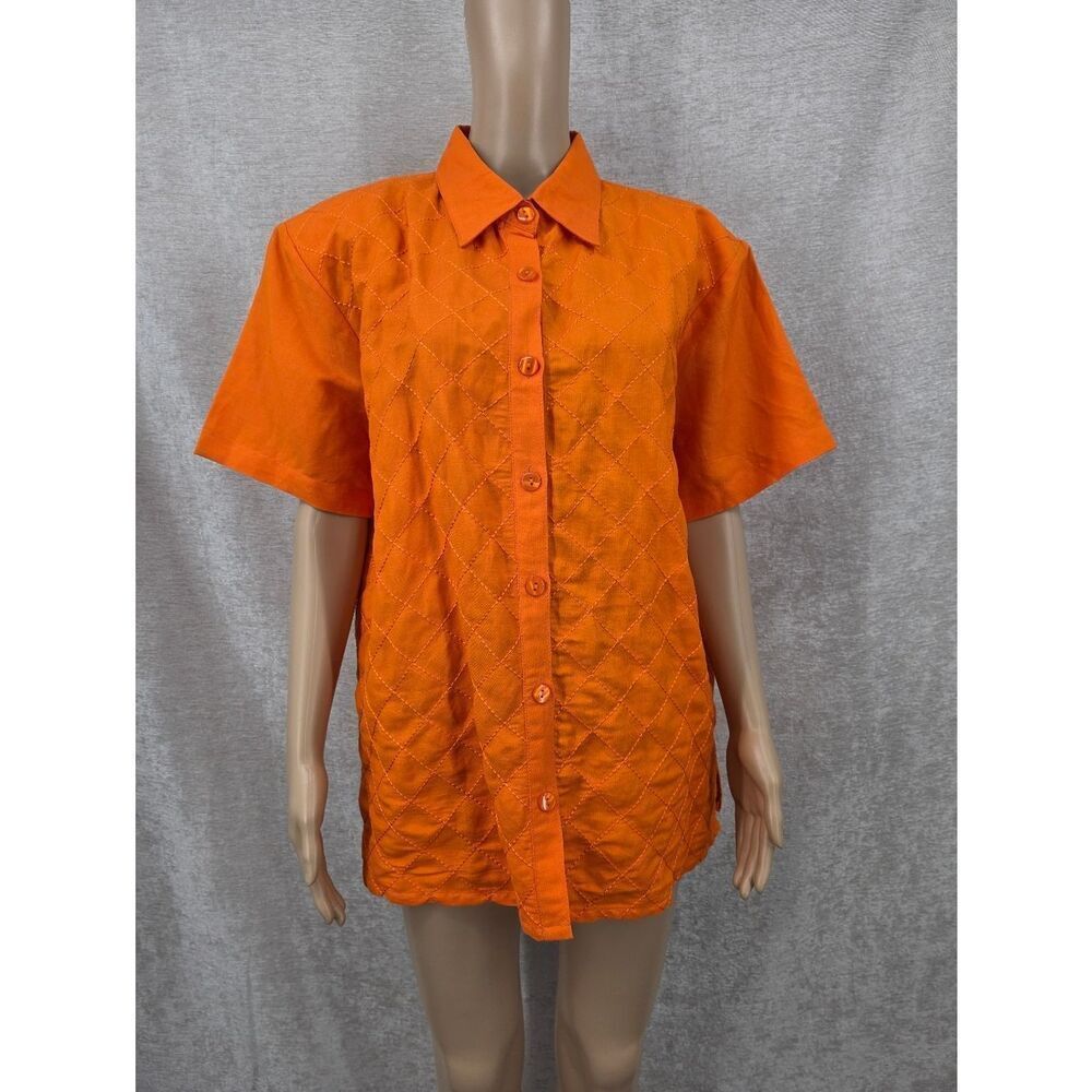 Vintage Tangerine Orange Short Sleeve Quilted Front Button-Up Shirt Woven